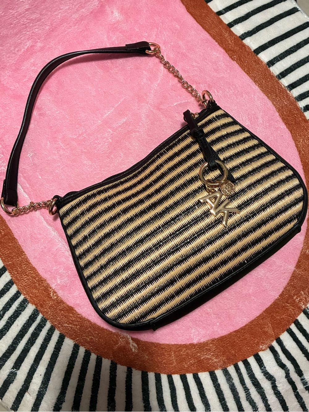 Anne Klein Striped Black and Tan Shoulder Bag with Gold Charm